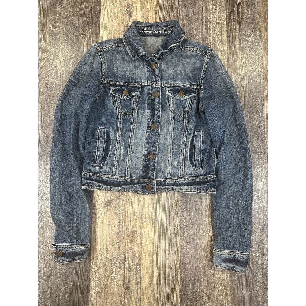 American Eagle Distressed Jean Jacket Button Up Blue‎ Cropped Women's Size S/P